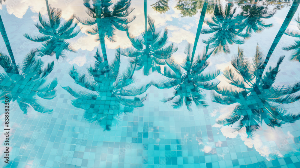 Obraz premium Tropical Reflections: Coconut and Sugar Palm Trees Mirrored in a Turquoise Pool