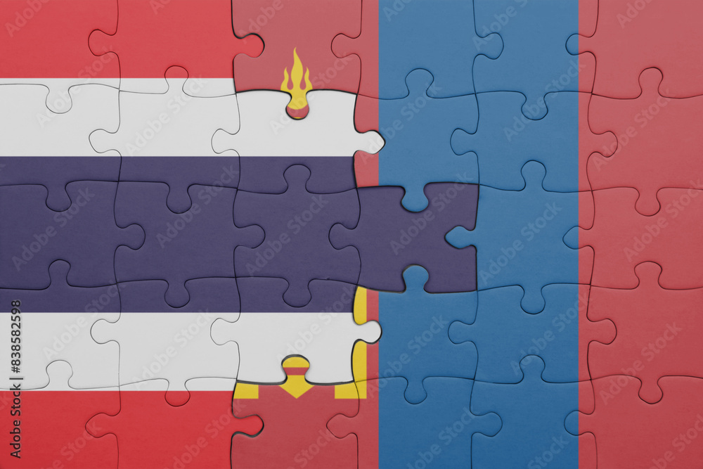 puzzle with the colourful national flag of thailand and flag of mongolia . puzzle with the colourful national flag of thailand and flag of mongolia .