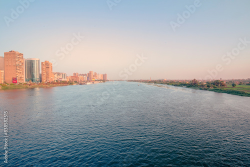Nile River View, Cairo, Egypt, Buildings on the Left Bank and Green Fields on the Right Bank