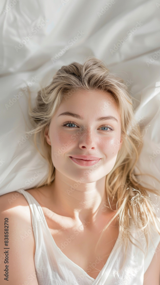 Beautiful smiling young blonde female model with long hair and perfect smooth skin relaxing lying on soft white bed looking up Beautiful smiling young blonde female model with long hair and perfect smooth skin relaxing lying on soft white bed looking up
