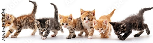 A group of adorable kittens walking together in unison, showcasing their playful and curious nature on a white background.