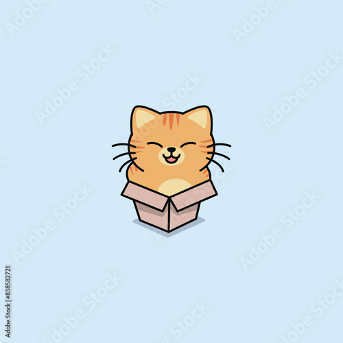 Cute orange cat in small box cartoon, vector illustration