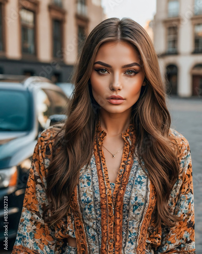 Stunning portrait of a beautiful brunette woman influencer and model with gorgeous brown colored hair © The A.I Studio