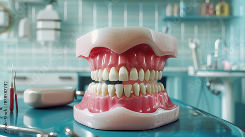 Stylized dentures from a dental office on the bench  cleaning and oral health