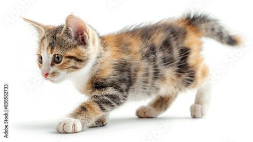 Adorable calico kitten walking with curiosity, featuring a white background. Perfect for pet-related projects and animal lovers. photo