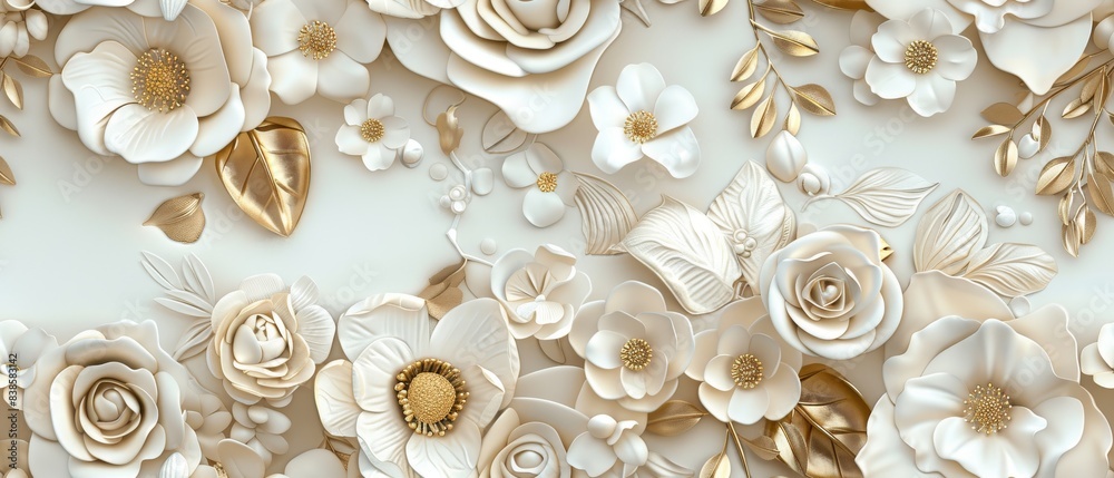 Elegant White and Gold Floral 3D Wall Art. White and Gold on Pure Background. Elegant White and Gold Floral 3D Wall Art. White and Gold on Pure Background.