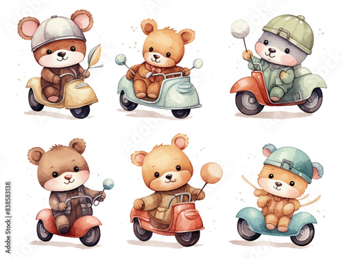 Set of cute cartoon baby bear doll animals riding racing on motorbike vector illustration