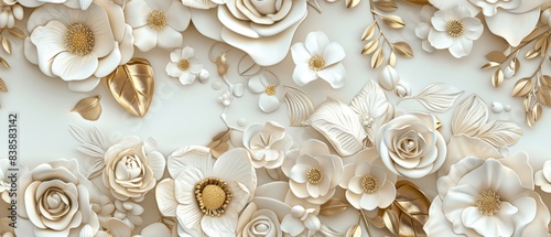Elegant White and Gold Floral 3D Wall Art. White and Gold on Pure Background. 