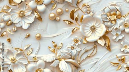 Elegant White and Gold Floral 3D Wall Art. White and Gold on Pure Background. 