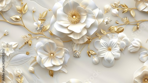 Elegant White and Gold Floral 3D Wall Art. White and Gold on Pure Background. 