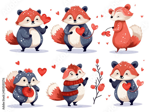 Set of animals illustrations in Water color, raccoons, hearts and flowers, love card for valentine