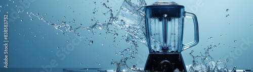 Modern electric blender with splashes of clear water photo