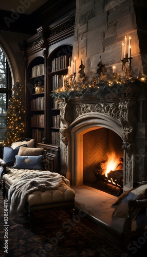Luxury living room with fireplace and christmas tree  panorama