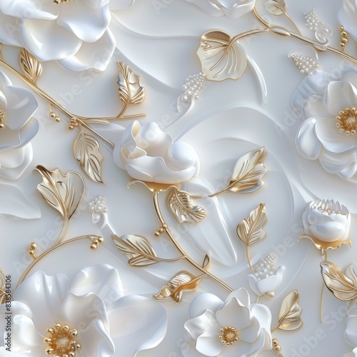 Elegant White and Gold Floral 3D Wall Art. White and Gold on Pure Background. 