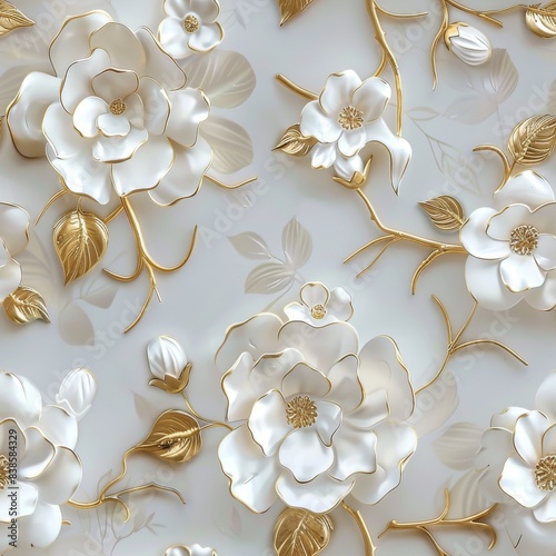 Elegant White and Gold Floral 3D Wall Art. White and Gold on Pure Background. 