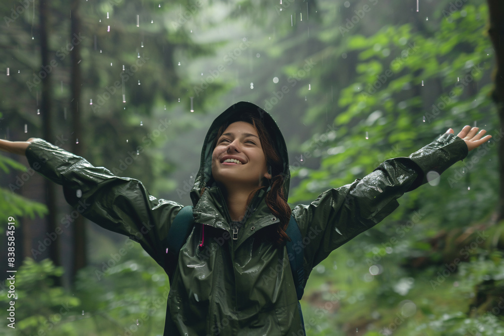 Female hiker is enjoying the feeling of rain on her skin while exploring nature