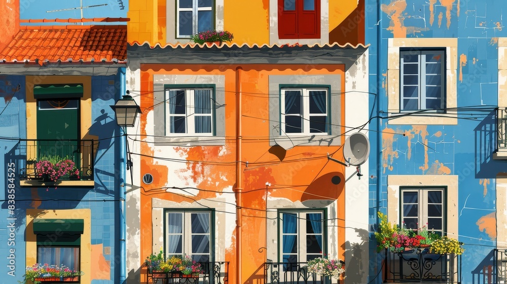 Obraz premium Lisbon street with windows and houses and flowers