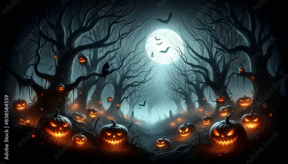 Eerie Forest with Glowing Pumpkins and Full Moon