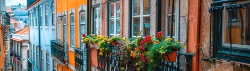Wallpaper Mural Lisbon street with windows and houses and flowers Torontodigital.ca