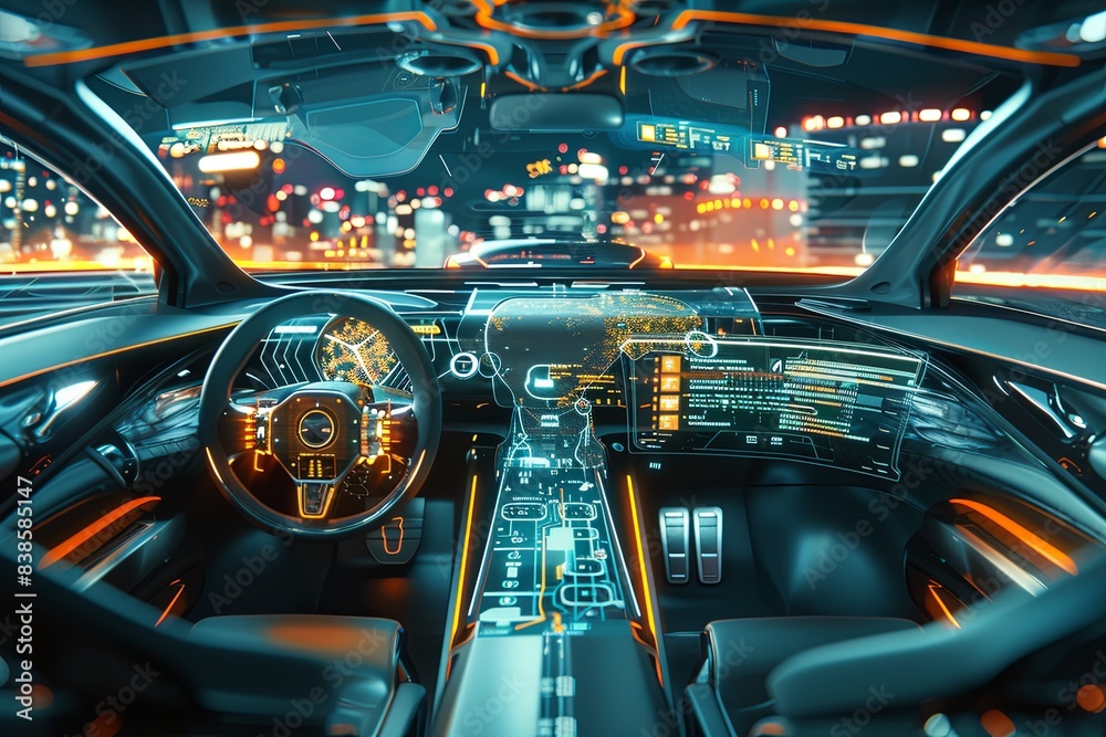 Fototapeta premium Interior view of a futuristic car with a high-tech display