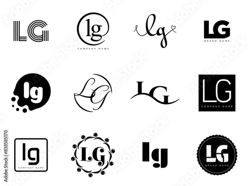 LG logo company template. Letter l and g logotype. Set different classic serif lettering and modern bold text with design elements. Initial font typography.