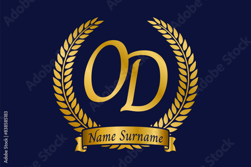 Initial letter O and D, OD monogram logo design with laurel wreath. Luxury golden calligraphy font.