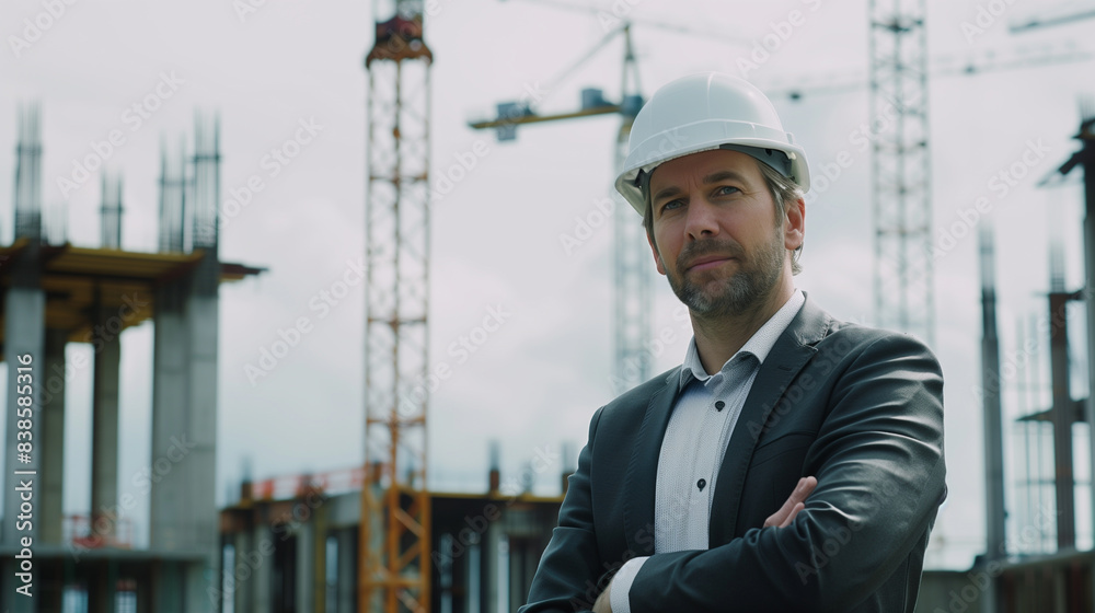 Man engineer standing on construction site. Engineer working on outdoor project Man engineer standing on construction site. Engineer working on outdoor project