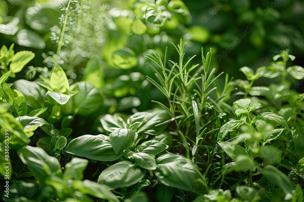 A vibrant close-up of various herbs growing in a garden A vibrant close-up of various herbs growing in a garden