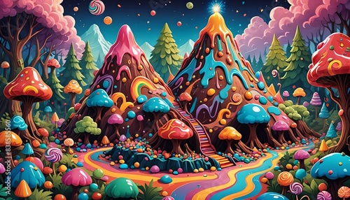 Illustrations of volcanic candy in the candy magical forest
