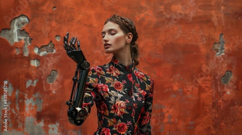 Wallpaper Mural A striking portrait of a stylish woman with a robotic hand, emphasizing futuristic fashion and technology  Torontodigital.ca