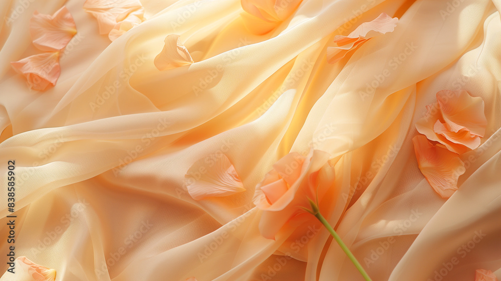 Obraz premium Peach fabric with delicate folds adorned with flowers and petals. Silk satin backdrop. Copy space