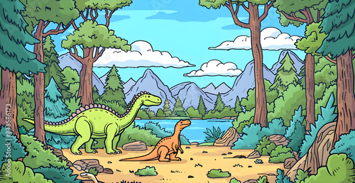 A cartoon drawing of a dinosaur and a baby dinosaur walking through a forest photo
