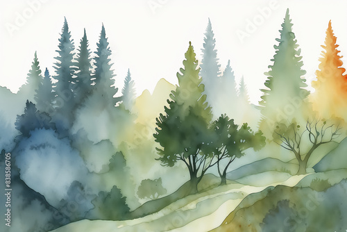 Watercolor painting of a green forest with various trees and foliage. Landscape illustration with white background. Nature and environment concept for design and print with copy space.