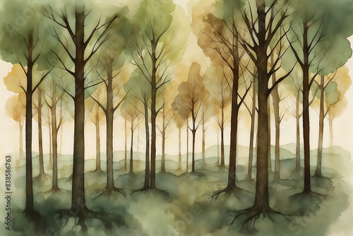 Watercolor illustration of a green forest with various trees and foliage. Landscape, nature, and environmental concepts for design and print.