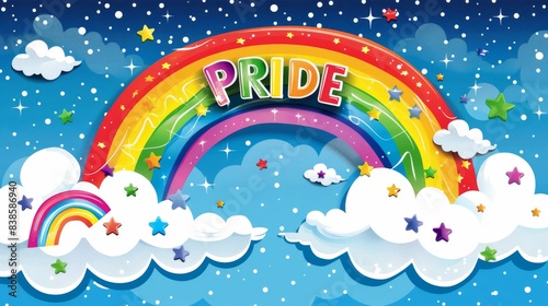 Rainbow with pride text and confetti colorful and festive illustration representing love inclusivity and celebration perfect for vibrant and creative designs