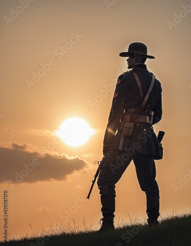 Civil war soldier silhouette in the sunset