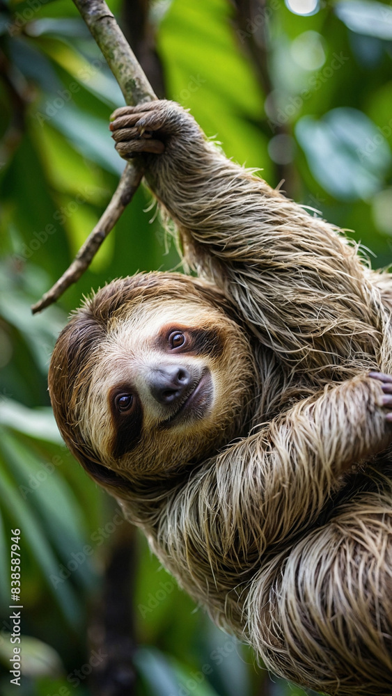 Funny sloth hanging on tree branch, cute face look, perfect portrait of wild animal in the Rainforest Funny sloth hanging on tree branch, cute face look, perfect portrait of wild animal in the Rainforest