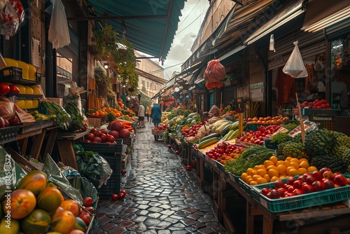 A vibrant farmers market with colorful stalls filled with fresh fruits and vegetables photo