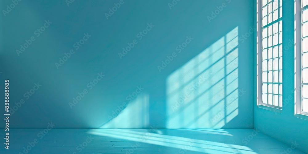 Fototapeta premium Blue Wall Background with Window and Window Shadow Copy Space, llustration for cover, card, postcard, interior design, banner, poster, brochure or presentation - AI Generated