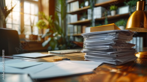 A neat stack of documents on a wooden office table illuminated by warm light, embodying a productive work environment photo