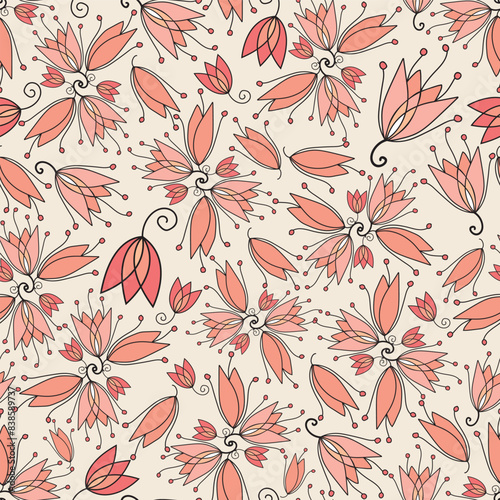seamless repeat pattern with simple and beautiful peach floral motifs on a light cream background perfect for fabric, scrap booking, wallpaper, gift wrap projects