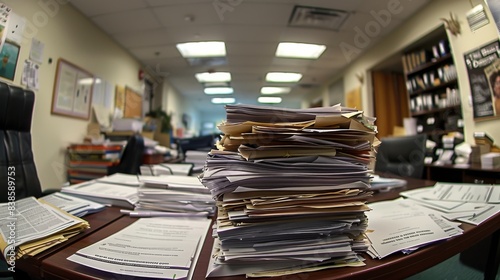 Close-up shot of stacked paperwork neatly organized on an office desk, reflecting a work-intensive environment © familymedia