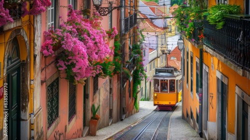 Lisbon, Portugal - Yellow tram on a street with colorful houses and flowers on the balconies - Bica Elevator going down the hill of Chiado  photo
