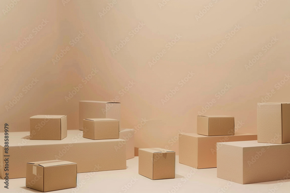 A scene unfolds against a soothing beige backdrop, where a collection of brown cardboard boxes is scattered with purposeful randomness A scene unfolds against a soothing beige backdrop, where a collection of brown cardboard boxes is scattered with purposeful randomness
