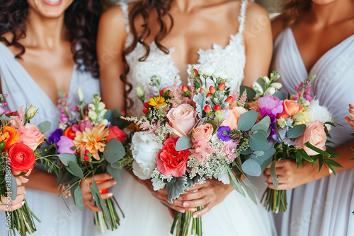 A radiant wedding day scene with the bride and her bridesmaids joyfully holding their stunning bouquets of wedding flowers