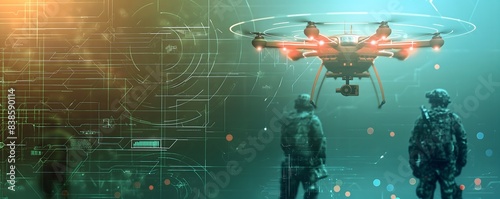metallic drone equipped with AI technology hovering over a tactical map with highlighted targets, flanked by silhouettes of soldiers and digital overlays of military communications photo