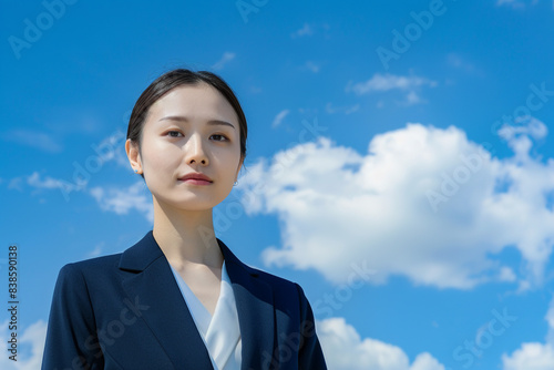 confident young businesswoman standing outdoors, Japanese woman, 30 years old, beautiful looking, wearing her professional navy blue blazer and white shirt © Nate