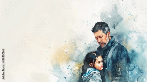 Watercolor style portrait of a father standing protectively behind his daughter photo