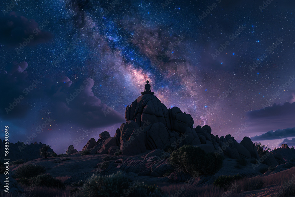  serene meditation scene at night. The focus is on a person in a meditative pose, seated atop a rocky peak under a vast starry sky