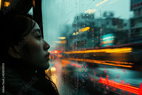 As the bus rumbled along the city streets, the woman sat by the window, her gaze fixed on the passing scenery. Outside, buildings blurred into streaks of color